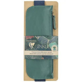 Clairefontaine 115951C - Schlampermäppchen Ginkgo, aus Leder für Notizbuch A5 (2 Seiten: eine Seite tannengrün, eine Seite indigoblau) mit Gummizug, 19x7,5 cm, 1 Stück