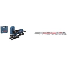 Bosch Professional Stichsäge GST 90 E (1x Sägeblatt, Absaug-Set, im Koffer) + 3x Expert ‘Hardwood Fast’ T 144 DHM Stichsägeblatt (für Hartholz, WPC Holz-Kunststoff-Verbundstoffe, 100 mm, Zubehör)