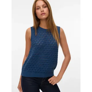 Stricktop VERO MODA "VMJAQUELINE SL O-NECK TOP BOO", Damen, Gr. XS, schwarz denim, Obermaterial: 60% Baumwolle, 40% Polyacryl, unifarben, regular fit normal, Rundhals, Tops Stricktop, mit zartem Ajourmuster, Topseller