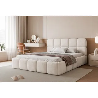 FURMEB24 Polsterbett CRYSTAL + Matratze - 140 x 200 cm - WEISS Teddystoff - Weiß