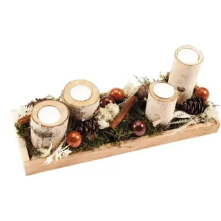 Adventsgesteck Holztablett mit 4 Birkenholz Kerzenhalter L ca. 38 cm B ca. 13,5