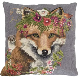Mars & More Gobelin Kissen Fuchs Blumen grau Dekokissen Couchkissen 45x45cm Zierkissen