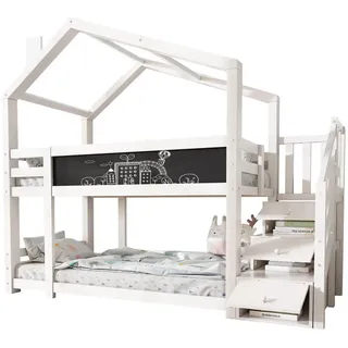Okwish Etagenbett Baumhaus 90/200 cm Weiß mit Stauraum und Wandtafel , Holzwerkstoff , 90x200 cm , Babymöbel & Kindermöbel, Kinderzimmer & Jugendzimmer, Stockbetten
