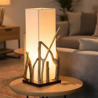 Treibholzlampe H50cm Tischlampe Braun Beige Tischleuchte aus recyceltem Holz Holzlampe Design Treibholz Maritim Unikat - Weiß