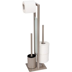 Bild Stand WC-Garnitur Rivalta, freistehende WC-Garnitur mit Toilettenbürste, Toilettenpapier- und Ersatzrollenhalter, matt lackierter Stahl, Trennplatte aus Sicherheitsglas, 18 x 70 x 23 cm, Taupe