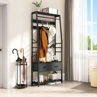 YITAHOME Garderobenständer, 6-in-1-Garderobenregal mit 2 Schubladen, Standgarderobe mit Schuhablage, Kleiderstange aus Holz und Metall mit 8 Haken, für Flur Wohnzimmer Schlafzimmer, Schwarz