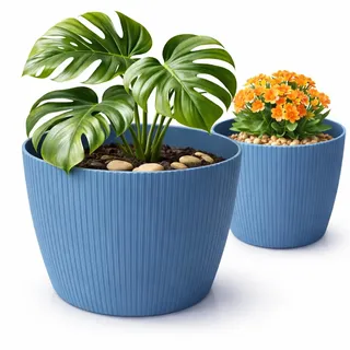 PECZEKO Matte Blumentöpfe - Deko Pflanztopf für Blumen & Kräuter - Langlebige & leichte runde Kunststoff-Pflanzentöpfe für Wohn- & Esszimmer, Küche, Terrasse, Balkon - 2er-Set - (Blau, ø 16 cm)