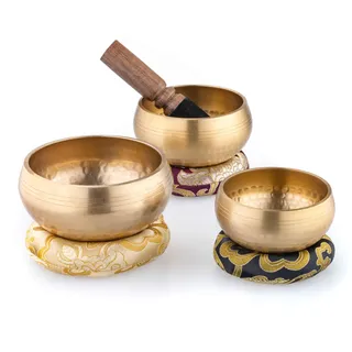 naturling Klangschalen 3 Stück mit Klöppel und Kissen - Meditation Singing Bowl Set 8 bis 11 cm Durchmesser