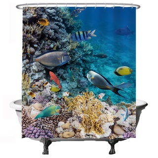 Ulticool Duschvorhang – Koralle Meer Tauchen Aquarium - 180 x 200 cm - Waschbar - Anti Schimmel - mit 12 Ringen – Blau Orange