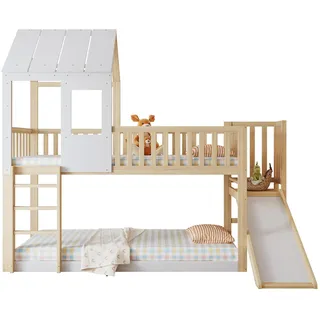 Etagenbett, 90x200 cm, Kinderbett mit 2 Liegeflächen, Lattenrost, Rutsche und Leiter, Hausbett aus Kiefer, Hochbett inkl. Rausfallschutz - Weiß, Naturbelassen