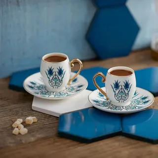 Karaca Iznik Kaffeeservice für 2 Personen, 2x Espressotassen und 2x Untertassen, Mochatassen set aus Porzellan, Cappuccino, Traditional Türkische Kaffeetassen