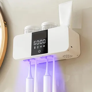 UV Zahnbürstenhalter Sterilisator, Elektrische Zahnbürstenhalter mit 4 Zahnbürstenschlitzen und 2 Zahnputzbecher, Zahnbürsten Organisator mit Trocknungsfunktion für Kinder und Erwachsene (Weiß)