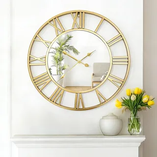 QHENS Wanduhr Groß Ohne Tickgeräusche, 50CM Wanduhr Gold Vintage, Wanduhren Lautlos 15dB für Wohnzimmer, Mit Acryl-Spiegel & Römischen Zahlen, Klar Ablesbar