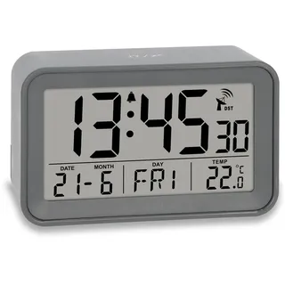 ADE Digitaler Funkwecker mit Licht | Wecker mit Temperaturanzeige und Kalender | kompakter Reisewecker | hübsches matt graues Gehäuse | mit Batterie