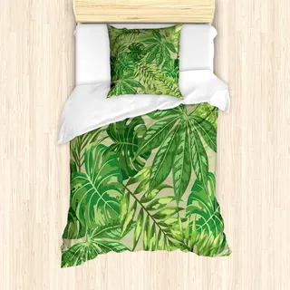 ABAKUHAUS Grünes Blatt Mantele, Frischer Dschungel Aloha, Milbensicher Allergiker geeignet mit Kissenbezügen, 135 cm x 200 cm - 80 x 80 cm, Apfelgrün Farn-Grün - Grün