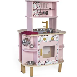 Janod - Twist Kinderküche aus Holz - Doppelseitige Küche - Mit 8 Utensilien - Ofen, Drehknöpfe, Kochplatte mit Geräuschen - Ab 3 Jahre, J06616