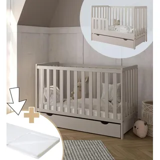 ZEE BAMBI Kaschmir Babybett 120x60 cm 2in1 mit Matratze, Schublade & Schutzbarriere Klassisches Gitterbett 3-Fach Höhenverstellbar Kinderbett