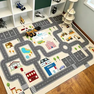 AIMECO Kinderteppich Spielteppich Stadtstraßen mit Autos, Häusern & Fahrzeugen – rutschfest, maschinenwaschbar, pflegeleicht für Spiel- & Kinderzimmer 200×300cm