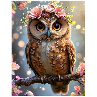 Miquans Art Eule Diamond Painting Erwachsene,Diamond Painting Eule Mit Kirschblüten,Diamant Painting Bilder Erwachsene 5D Diamond Arts Craft für Home Wand Decor 30x40cm