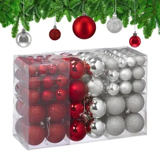 Relaxdays Weihnachtskugeln 100er Set, Weihnachtsdeko, matt, glänzend, glitzernd, Christbaumkugel ∅3, 4 & 6cm, Silber/rot