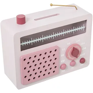 DRW Spardose aus Holz in Radio-Form in Weiß und Rosa, 18 x 8 x 20 cm