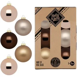 Holly & Jolly - Weihnachtskugeln Elegant Lounge, 6 Stück | Christbaumkugeln aus Glas, ca. 10 cm, Weihnachtsbaumschmuck in Braun und Beige, matt & glänzend, Weihnachtsdeko für Innen