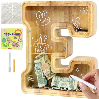 Lakpopya Spardose für Kinder Jungen Mädchen - Personalisiert Durchsichtig Mit Buchstabe Holz A-Z, Zielbereich, Aufkleber & Marker - Taufe Geschenk Dekoration (E)