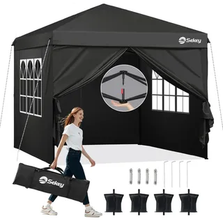 Sekey Faltpavillon 3x3 mit 4 Seitenwänden und mit 4 Sandsäcke, Wasserdicht Pop Up Pavillon für Camping, Festival, Events, Picknicks, Schwarz - Schwarz