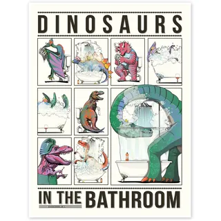 Wyatt9 Dinosaurier im Badezimmer Poster 50 x 70 cm | Dinosaurier & Badezimmer-Humor | Farbenfrohe Comic-Szenen rund ums Baden, Duschen und Zähneputzen