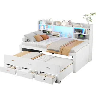 Stauraumbett mit Schubladen, Lattenrost, Regal und Gästebett (90x200 cm), Einzelbett, Kinderbett, Holzbett, Kiefer - Weiß