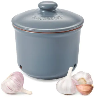 Römertopf Knoblauchtopf MINI aus Naturton, blau-grau, Ø 12,5 x 13 cm, ca. 200 g, belüfteter Keramik-Vorratstopf mit 3 Lüftungslöchern, innen glasiert, spülmaschinengeeignet