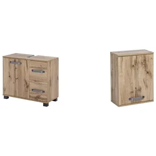 Schildmeyer Milan Waschbeckenunterschrank 134889, Eiche Landhaus Dekor, 65 x 32 x 59 cm & Milan Hängeschrank 134884, Eiche Landhaus Dekor, 40.3 x 20 x 54.5 cm