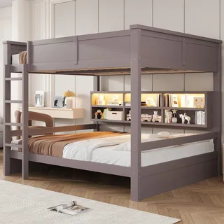 MODFU Etagenbett Holzbett 160x200 mit zwei Matratze und Stauraumschränken Kinderbett Doppelbett mit Sicherheitsgeländer und LED-Licht Braun - Braun
