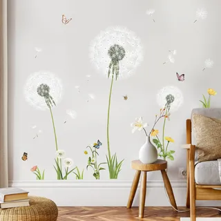 SHUCHING Wandtattoo Pusteblume Groß, Wandsticker Blumen Weiß, Löwenzahn Wandaufkleber für Wohnzimmer Schlafzimmer