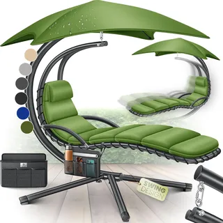 KESSER® Schwebeliege mit Sonnenschirm, Hängeliege , Sonnenliege H200, L194, B100 cm, Relaxliege, Schaukelliege Hängematte , bis 120 kg belastbar , Schaukelliege, Auflagen - Nackenkissen - Grün