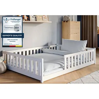 Kids Collective Bodenbett 140x200 cm mit Rausfallschutz & Lattenrost Montessori Kinder Jugendbett weiß mit Matratze, Junge Mädchen 140x200cm | Weiß