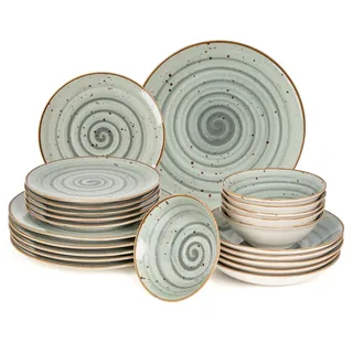 Geschirrset 24-teilig aus Porzellan für 6 Personen | Tiefe Suppenteller, Flache Essteller, Dessertteller und Schüsseln | Hochwertiges modernes buntes Vintage Tafelservice Kombiservice | Grau