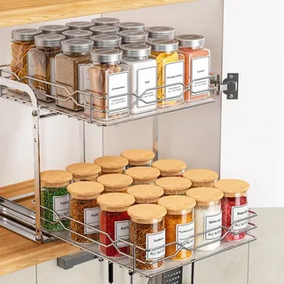 ZDDLOINP Gewürzregal Ausziehbar, 2 Etagen Rostfreier Gewürzregal Organizer, Oberen und Unteren Körbe können unabhängig Herausgezogen Werden, Höhenverstellbar für Schrank, B23.8*T26.4*H24CM