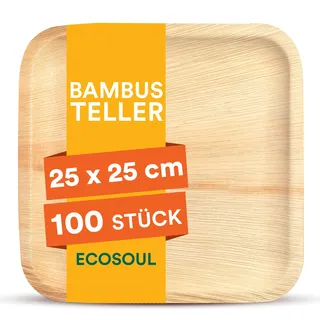 ECO SOUL Bambus teller 10"(25 cm) Papteller Einwegteller(100 Stück) | 100% natürliches Bambus, Extra stabil für heiße & kalte Speisen, Fett & schnittfest, Kompostierbare Alternative zu Plast