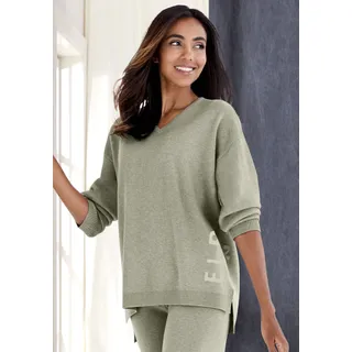 Sweater ELBSAND, Damen, Gr. 48/50, grün (oliv meliert), Feinstrick, Obermaterial: 50% Viskose, 28% Polyester, 22% Polyamid, meliert, unifarben, bequem hüftlang, V-Ausschnitt, Sweatshirts Sweater, aus hochwertigen Strick, Topseller