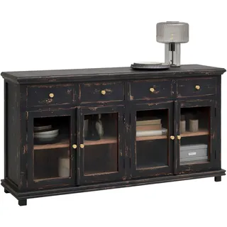 Ambia Home Sideboard , Schwarz , Metall , Akazie , vollmassiv , Used look , 4 Fächer , 4 Schubladen , 160x85x42 cm , Typenauswahl, Beimöbel erhältlich, stehend , Wohnzimmer, Wohnwände, Wohnwand-Serien