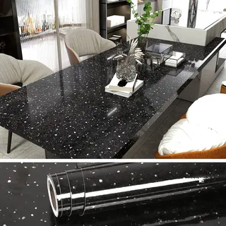 VEELIKE Mamorfolie Schwarz 60cm×900cm Granit Tapete Selbstklebend Küchentapete Abwaschbar Klebefolie Arbeitsplatte Küche Wandtapete Marmoroptik Badezimmer Wanddeko Möbelfolie für Tische Vintage