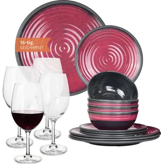 Melamin Camping Geschirr Set 4 Personen Stone Red + 4 Tiamo Rotwein Gläser Rot Weingläser Tafelgeschirr Picknick BBQ Kochgeschirr - Rot