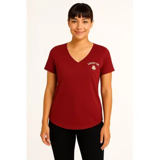 T-Shirt VERO MODA "VMEDA VANESSA SS TOP BOX JRS GA", Damen, Gr. XS, rot (syrah print:lucky me), Jersey, Obermaterial: 100% Baumwolle, bedruckt, loose fit normal, V-Ausschnitt, Shirts T-Shirt