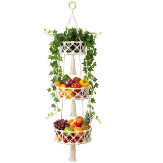 3-stöckiger Obstkorb Hängend aus Baumwollseil – Handgeflochtener Hängekorb für Küche Makramee (110 cm Länge) - Platzsparende Aufbewahrung für Obst & Gemüse, Wandkorb mit Haken, Böhmisches Design