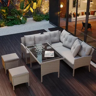 Ball & Cast Gartenmöbel Set aus Rattan, 5-teilig mit Abnehmbaren und Waschbaren Sitzkissen, Balkonmöbel mit Sofa, Tisch und Hocker für Terrasse/Garten, Farbe Khaki