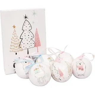 Unyqoos® Set mit 6 handdekorierten Weihnachtskugeln – Decoupage-Stil, laminiertes Papier, mit Stoffband und Geschenkbox für klassische Weihnachtsdeko - Weiß