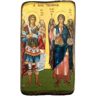 IconsGr Hölzerne griechisch-christlich-orthodoxe Holz-Ikone des Erzengels Michael und Gabriel / A0