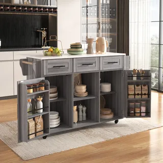 MODFU Kommode Sideboard mit klappbare Arbeitsplatte, Ablagetür, Rollen, auswechselbare Massivholzfüße, Schrank Buffet für Wohnzimmer, Schlafzimmer, Kinderzimmer, Jugendzimmer und Büro, Grau - Grau