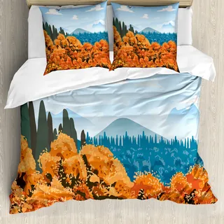 ABAKUHAUS Wald Bettbezug, Digitale Autum Saison, Milbensicher Allergiker geeignet mit Kissenbezügen, 200 cm x 200 cm - 80 x 80 cm, Armee-Grün Blassblau